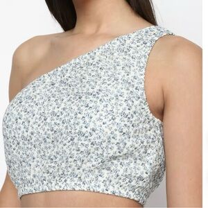 American Eagle One Shoulder Floral Crop Top Size Xl Blue & White Boho